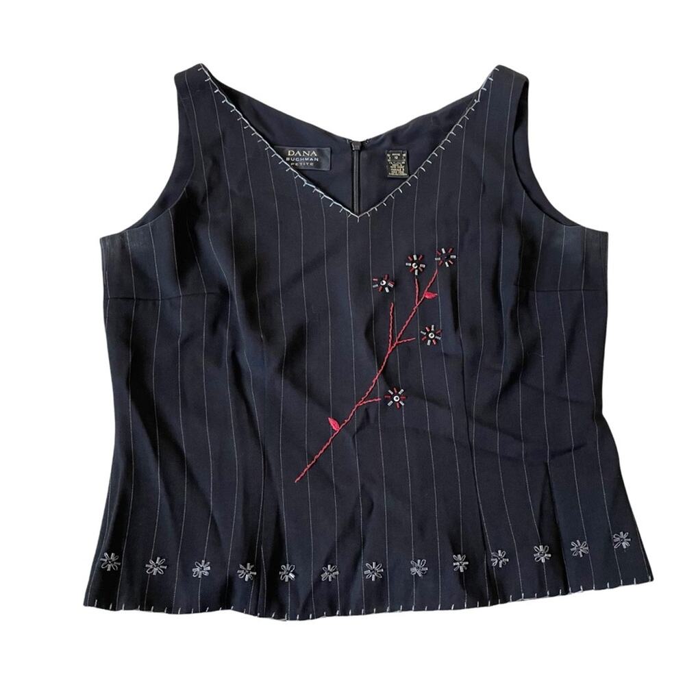 Vintage 1990s Dana Buchman Pin Stripe Tank Top Vest Blouse Embroidered Beaded 12